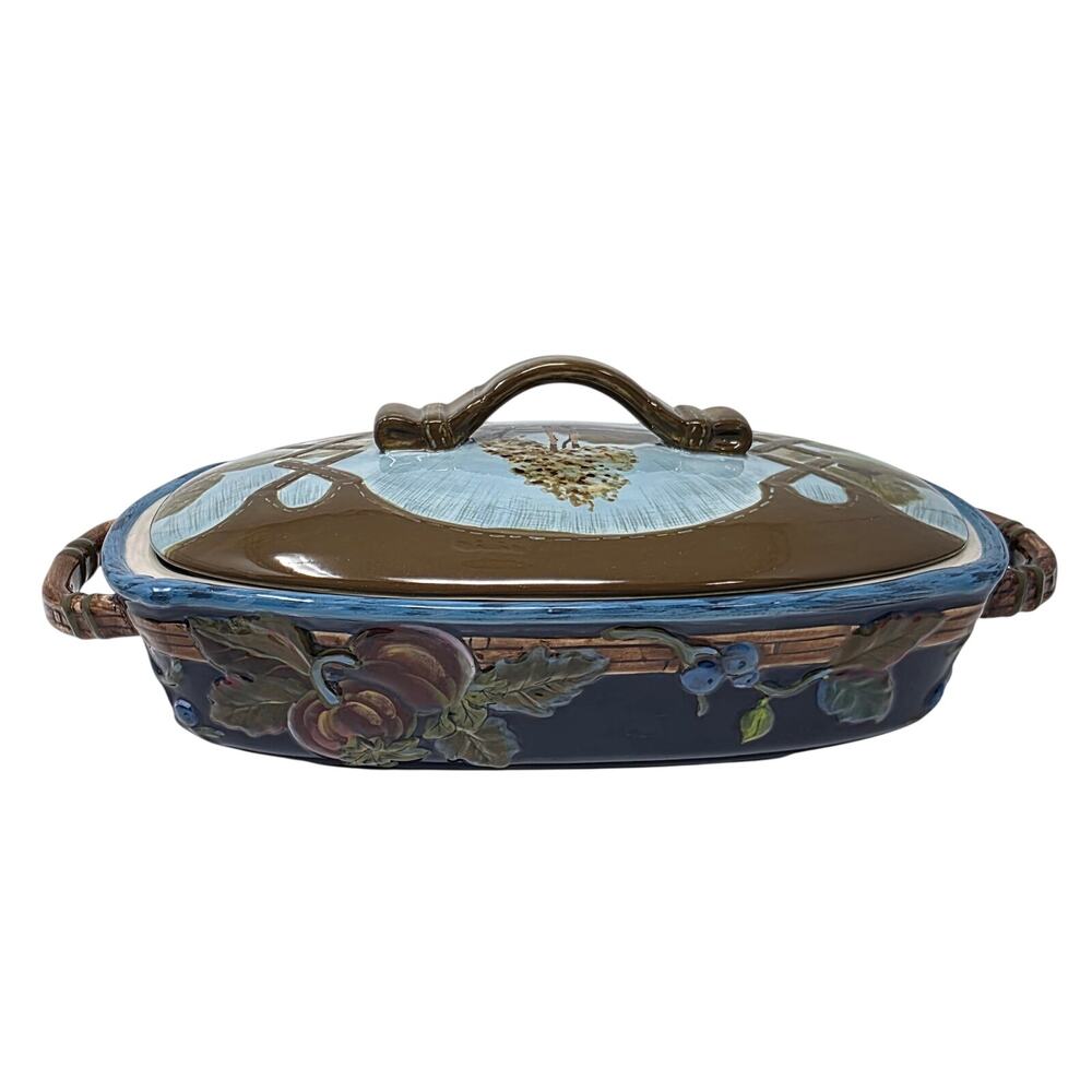 Tracy Porter One Acre Collection Covered Casserole Baker Hand Painted Fruit Dish